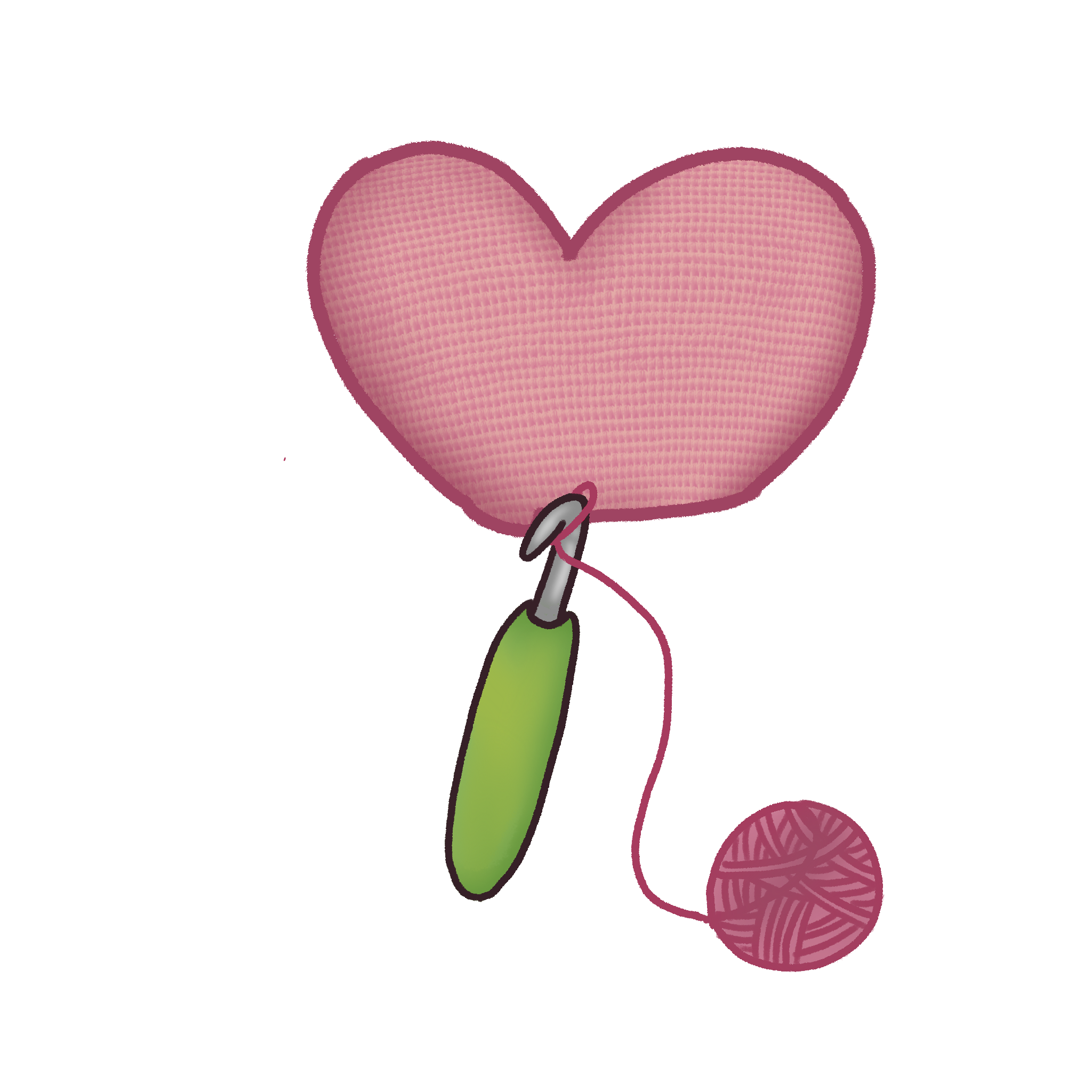 Illustration of a crocheted pink heart with a green crochet hook and yarn ball